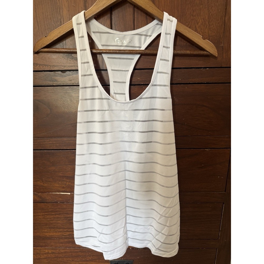 Zyia Active Women's Tank Top Medium Racerback With Sheer Stripes White